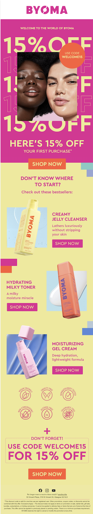 Byoma email J0 : Welcome, 15% off