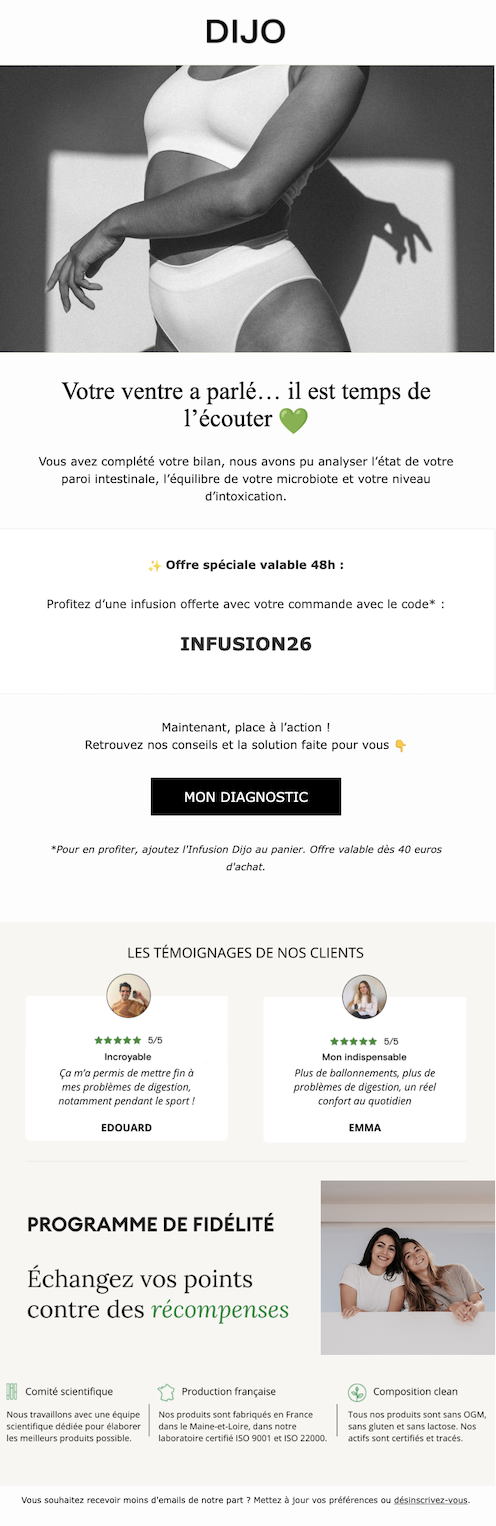DIJO email J+2 : votre ventre en a besoin, offre 48h
