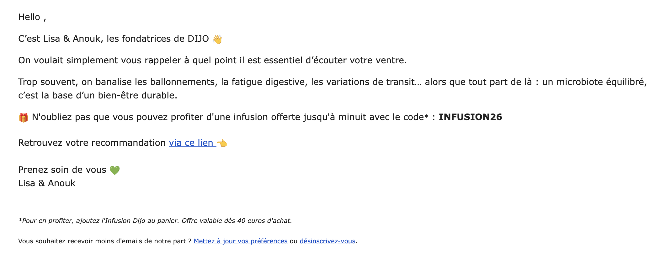 DIJO email J+3 : email des fondatrices Lisa et Anouk