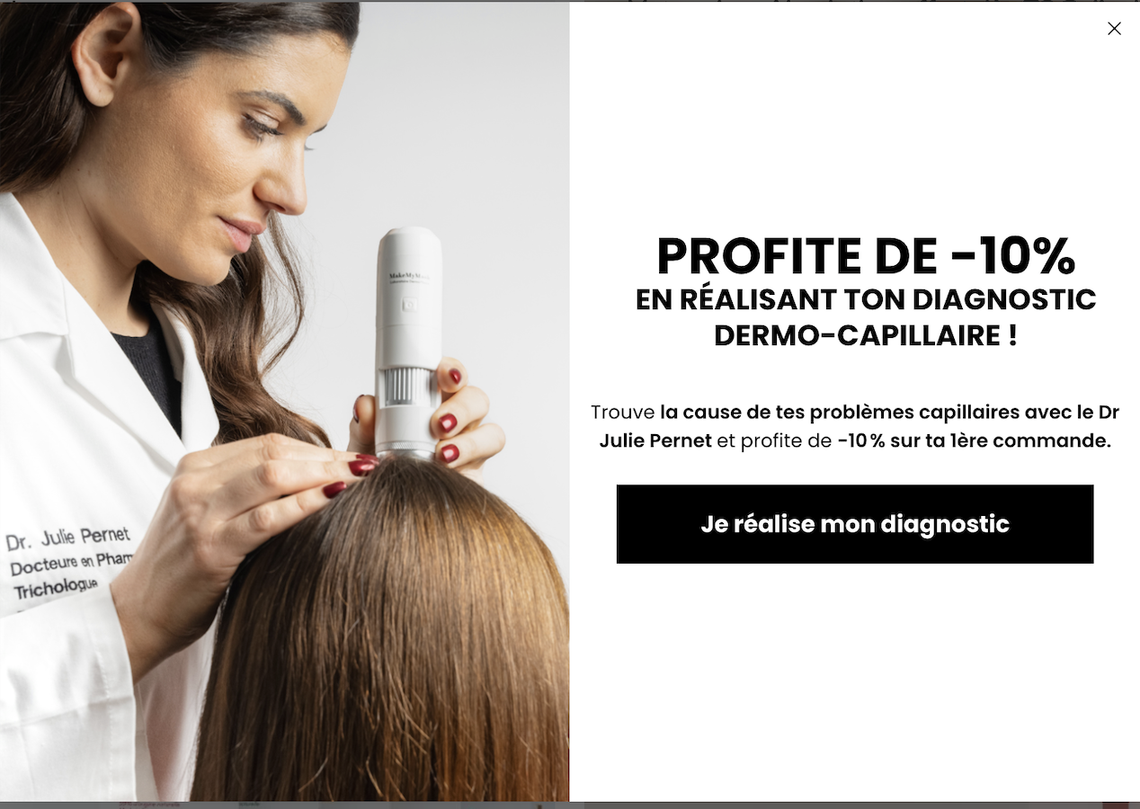 Pop-up MakeMyMask « Profite de -10% en réalisant ton diagnostic dermo-capillaire »